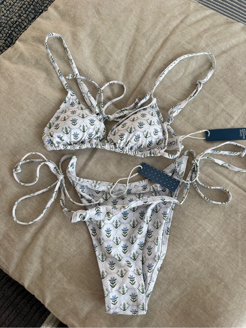 Women’s Printed Tie-Side Bikini Set - White with Blue & Green Floral